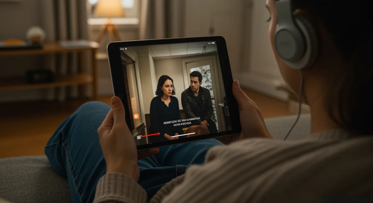 Pessoa assistindo um short drama dublado em português em um tablet, confortavelmente em casa.