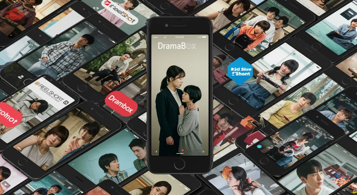 Múltiplas telas de celular exibindo diferentes short dramas, com logos de plataformas de streaming.